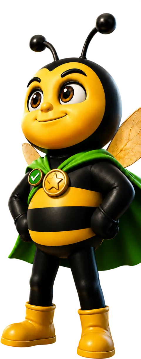 La mascotte BeeProud, fière avec sa cape et sa médaille
